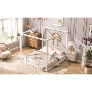 Sunvega White Queen Size Canopy Platform Bed with Support Legs and Sturdy Frame