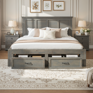 Sunvega Antique Natural Queen Size Platform Bed with 6 Spacious Storage Drawers