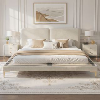 Sunvega King Ivory Velvet Upholstered Platform Bed with Foam Padded Headboard