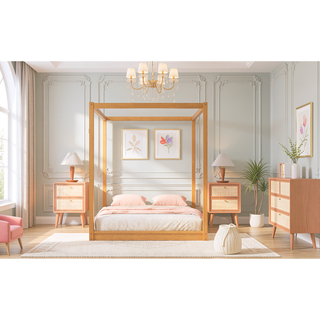 Sunvega White Queen Size Canopy Platform Bed with Support Legs and Sturdy Frame