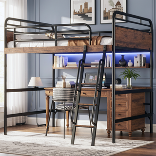 Sunvega Full Metal Loft Bed with Desk, LED Lights, Charging Station, and Safety Stairs
