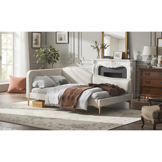 Sunvega Modern Upholstered Twin Daybed with Headboard Armrest Linen Fabric