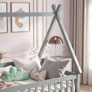 Sunvega Twin Tent Teepee Bed with Guardrails Slats and Door in Grey