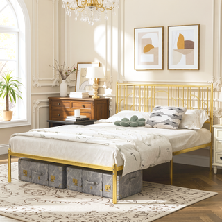 Sunvega Queen Size Metal Platform Bed Frame with Iron-Art Headboard and Under Bed Storage