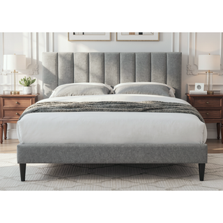 Sunvega Queen Upholstered Pleated Bed in a Box with Sturdy Dark Brown Frame