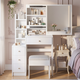 Sunvega Small Space Left Bedside Cabinet Vanity Table with Cushioned Stool