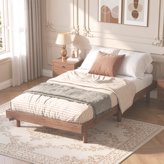 Sunvega Modern Floating Platform Bed Frame in Walnut with Sturdy Wood Construction