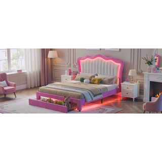 Sunvega Full Size Pink and White Upholstered Princess Bed with Crown Headboard