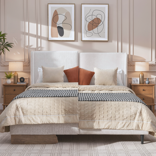 Sunvega Cream White Boucle Upholstered Wingback Bed with Wood Base Platform