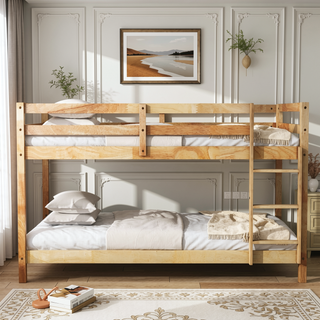 Sunvega Twin over Twin Solid Wooden Bunk Bed with Ladder and Strengthened Slats