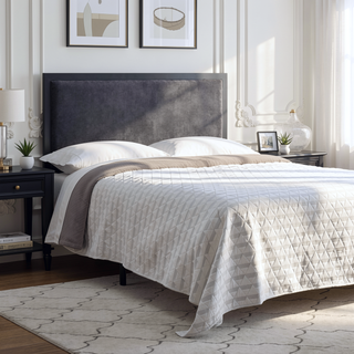 Sunvega Navy Queen Upholstered Headboard with Metal Trim and Modi Plates