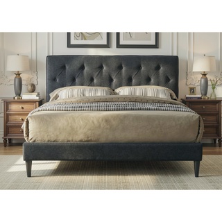 Sunvega Queen Upholstered Pleated Bed in a Box with Sturdy Dark Brown Frame