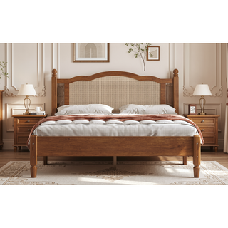 Sunvega Queen Size Wooden Platform Bed with Natural Rattan Headboard and Wooden Slat Support