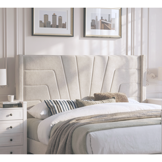 Sunvega Light Brown Queen Size Upholstered Burlap Fabric Headboard Platform Bed