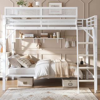 Sunvega Full Metal Loft Bed with Storage Shelf and Ladder for Kids Teens