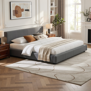 Sunvega Stylish Gray Upholstered King Bed with Faux Leather and Wood Frame