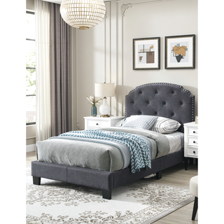 Sunvega Queen Size Charcoal Burlap Button Tufted Headboard Bed with Nailhead Trim