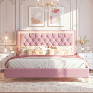 Sunvega Queen Size Upholstered Velvet Bed Frame with LED Lights and Tufted Headboard
