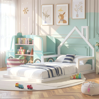 Sunvega Natural Wood Floor Bed with House-Shaped Headboard for Kids Room