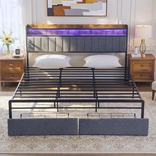 Sunvega King Size LED Upholstered Bed Frame with Storage Headboard and Charging Station