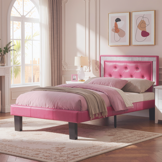 Sunvega Pink Faux Leather Upholstered Full Size Bed with Tufted Headboard