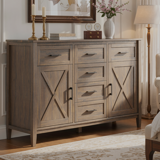Sunvega Handcrafted Solid Wood Smoky Brown Sideboard with Drawers and Doors
