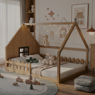 Sunvega Full Size Wood House Bed with Fence Window and LED Lights