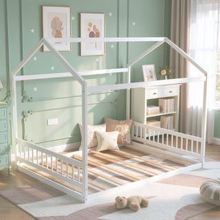 Sunvega Queen Size White House Shaped Bed with Headboard Made of Pine Wood