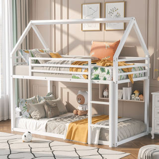 Sunvega Twin over Twin House Bunk Bed with Ladder and Slide in White