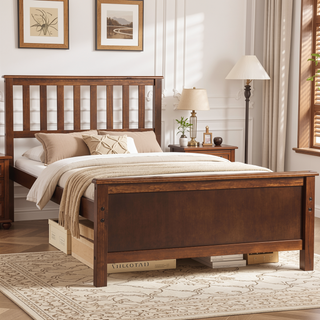 Sunvega White Twin Size Wood Platform Bed with Headboard and Sturdy Wood Slat Support