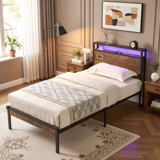 Sunvega Modern Twin Size Metal Platform Bed Frame with Wooden Headboard and USB LINER
