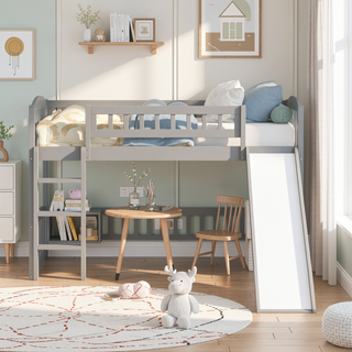 Sunvega Twin Size Loft Bed with Slide and Ladder for Kids Bedroom in Gray