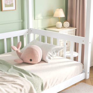 Sunvega Twin Size Canopy Frame Floor Bed with Guardrails and Natural Wood