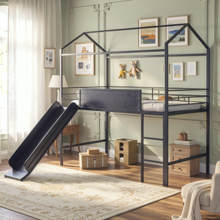 Sunvega Twin Size Metal Loft Bed with Slide and Two-Sided Writable Wooden Board