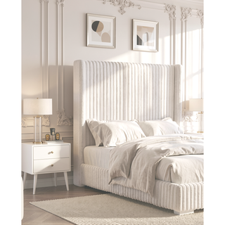 Sunvega Contemporary White Fur Chenille Fabric Mattress Ready Queen Size Bed