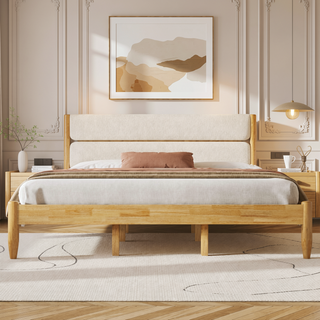 Sunvega King Size Solid Wood Bed Frame With Fleece Upholstered Headboard