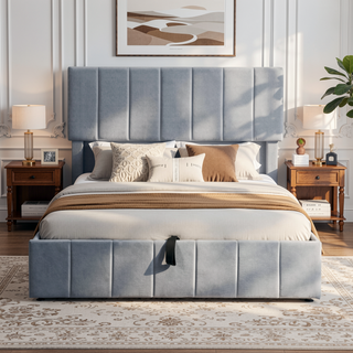 Sunvega Upholstered Platform Bed with Hydraulic Storage System in White Linen