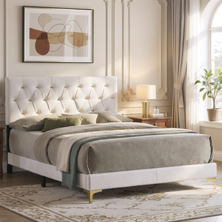 Sunvega Queen Panel Bed with Diamond Tufted Headboard and Gold Legs