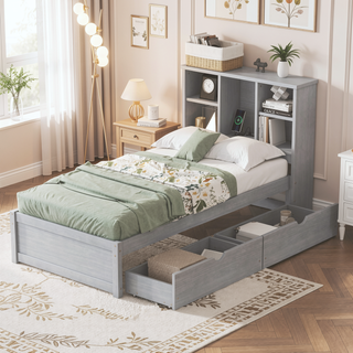 Sunvega Modern Twin Size Bed Frame With USB Port Bookcase Headboard and 2 Drawers