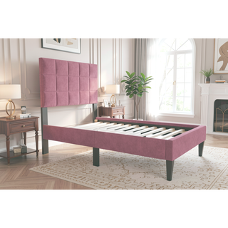 Sunvega Twin Bed with Adjustable Headboard and Soft Brushed Linen Fabric