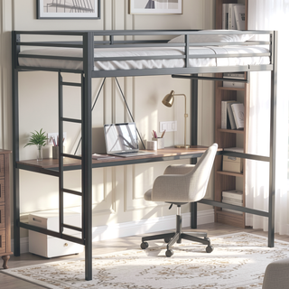 Sunvega Sturdy Twin Loft Bed with Desk and Closet Rod for Bedroom Space Saving