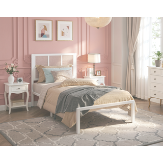 Sunvega White Faux Cane Panel Headboard King Platform Bed with Metal Frame