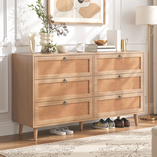 Sunvega Modern 6-Drawer Double Dresser with Rattan Drawers for Bedroom Storage