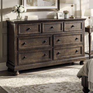 Sunvega Grayish Brown Wooden Dresser with 7 Dovetail Drawers and Antique Pewter Knobs