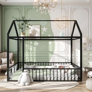 Sunvega Full Size Playhouse Metal Bed Frame with Fence for Kids and Teens