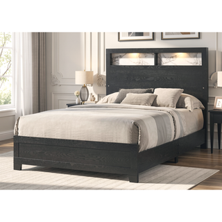 Sunvega Contemporary King Size Panel Bed Headboard with LED Sleek Sloping Design Black Finish