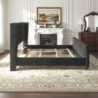 Sunvega King Size Dark Charcoal Grey Velvet Tufted Wingback Bed Frame