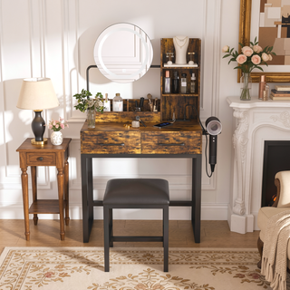 Sunvega White Makeup Vanity Table with LED Lights Power Outlet and 2 Drawers