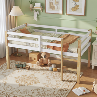 Sunvega Espresso Rubber Wood Low Height Loft Bed with Ladder for Bedroom