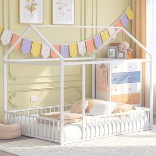 Sunvega Full Size Playhouse Metal Bed Frame with Fence for Kids and Teens